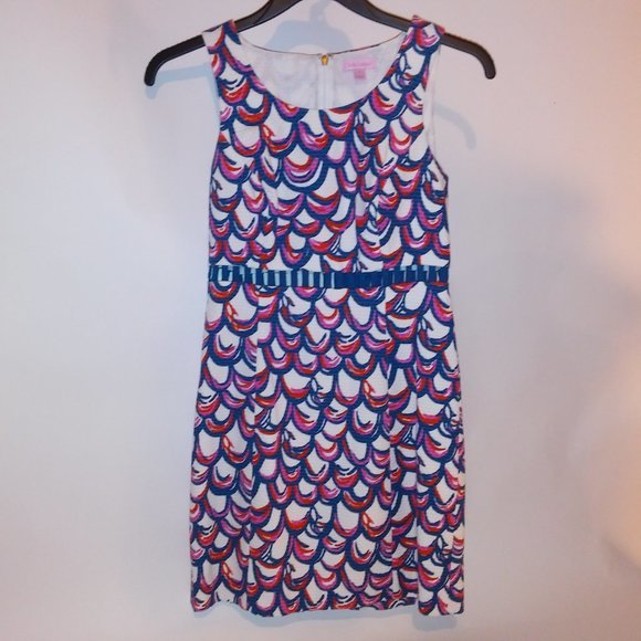 Lilly Pulitzer Dress Size 4 Sheath White Blue Red Pink Textured Scoop Neck Sleev - Picture 11 of 15